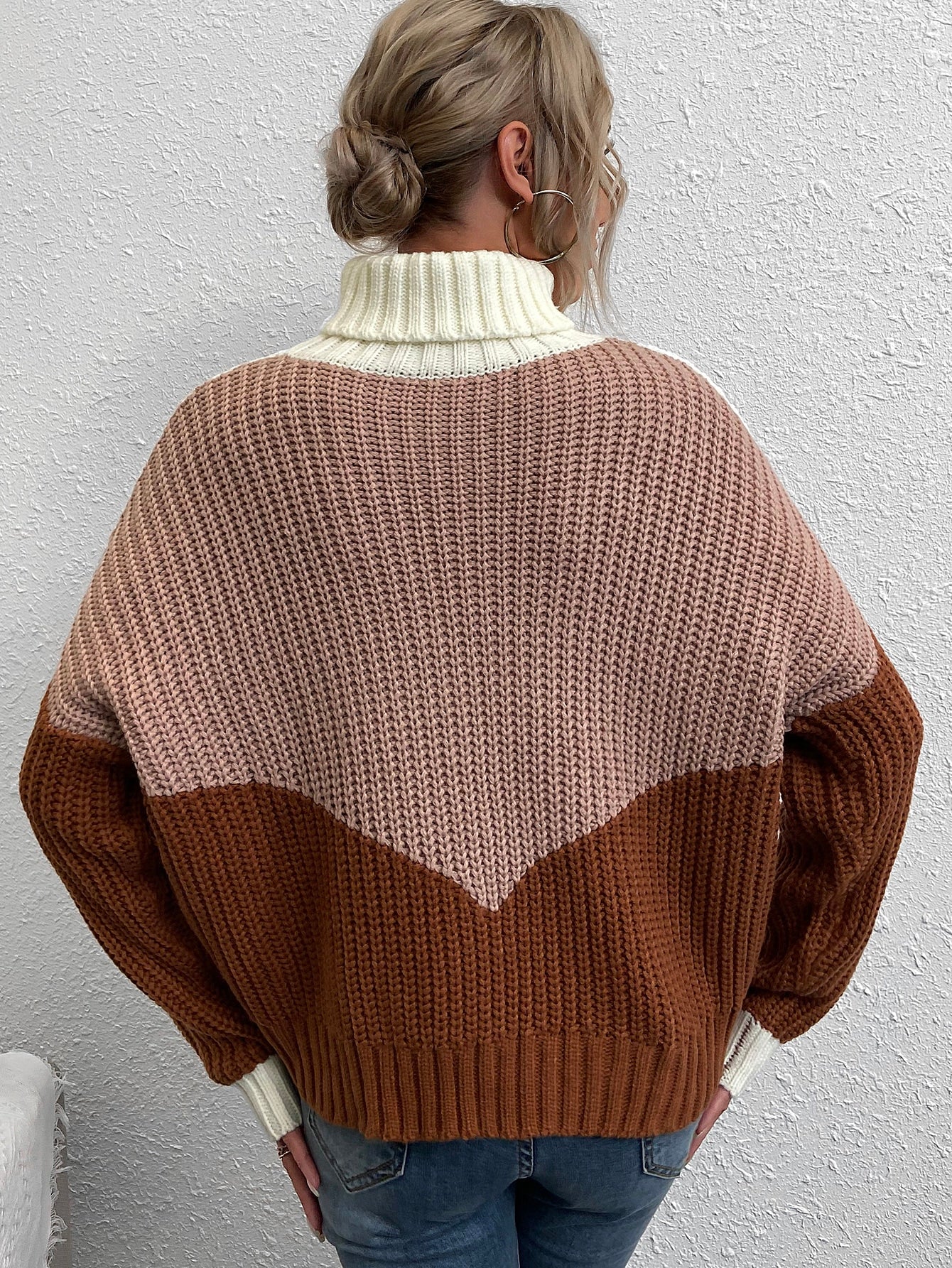 Color Block Turtleneck Drop Shoulder Sweater