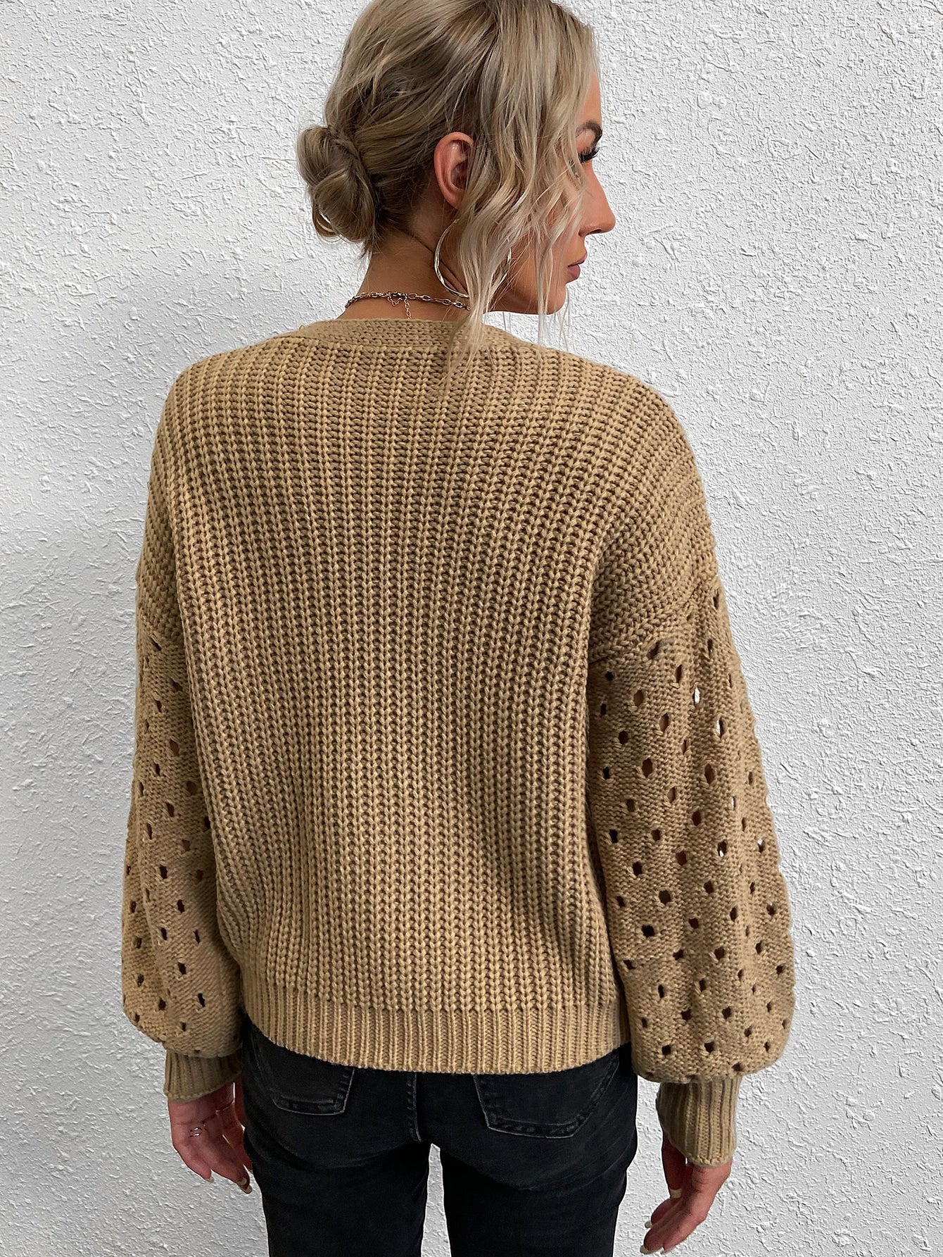 Pointelle Knit Lantern Sleeve Cardigan