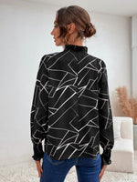 Geo Print Frilled Shirred Cuff Tie Neck Blouse