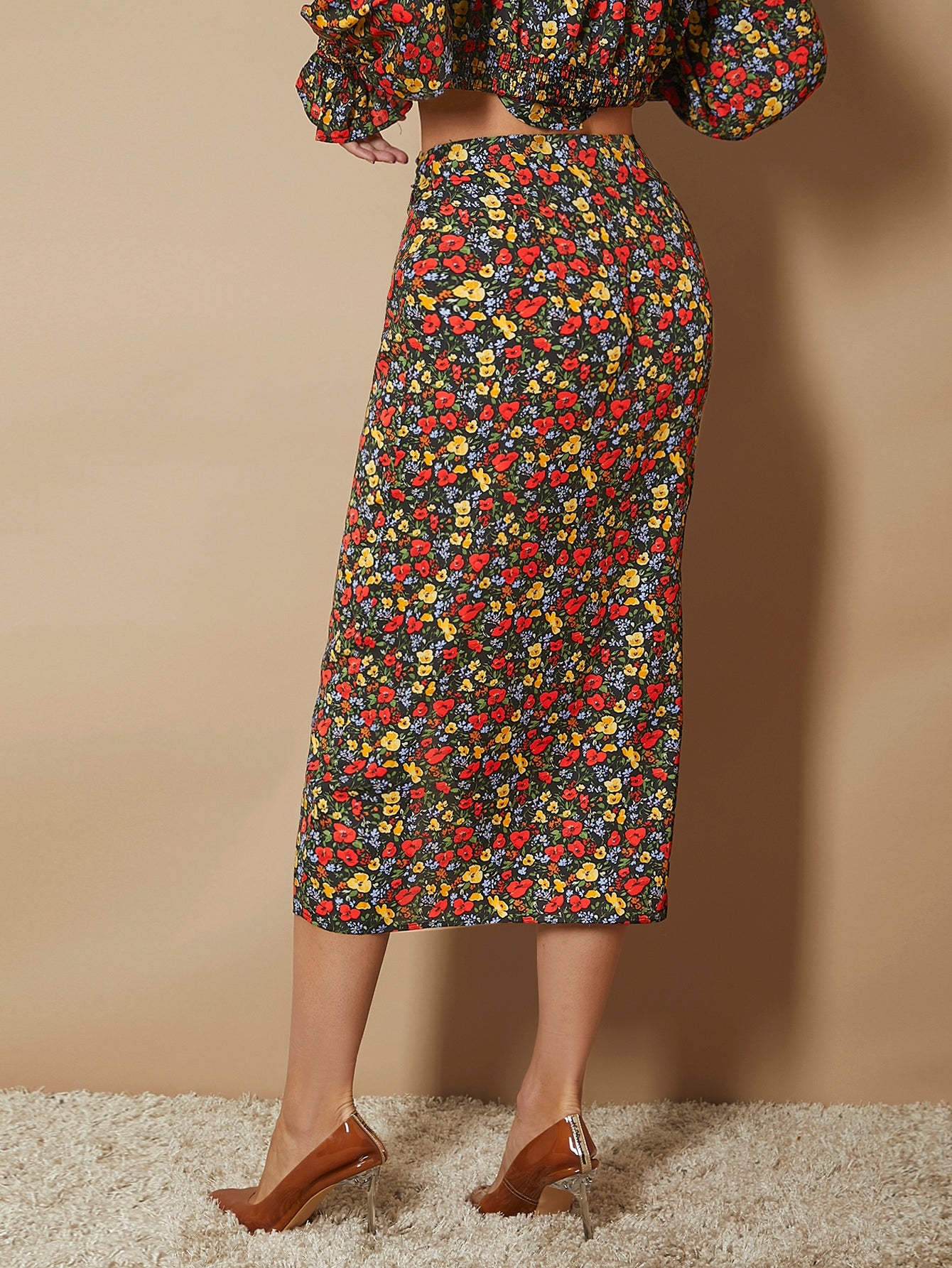 High Waist Ditsy Floral Twist Front Wrap Hem Skirt