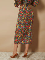 High Waist Ditsy Floral Twist Front Wrap Hem Skirt