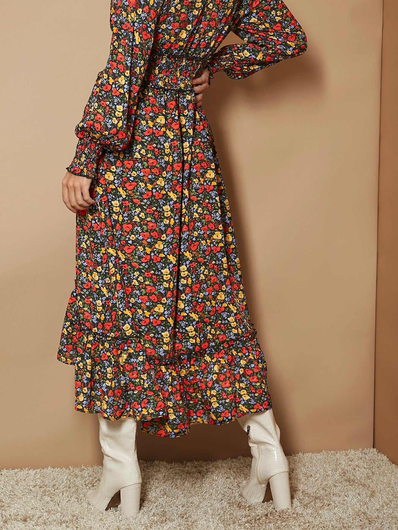 Floral Print Shirred Lantern Sleeve Frill Trim Ruffle High Low Hem Dress
