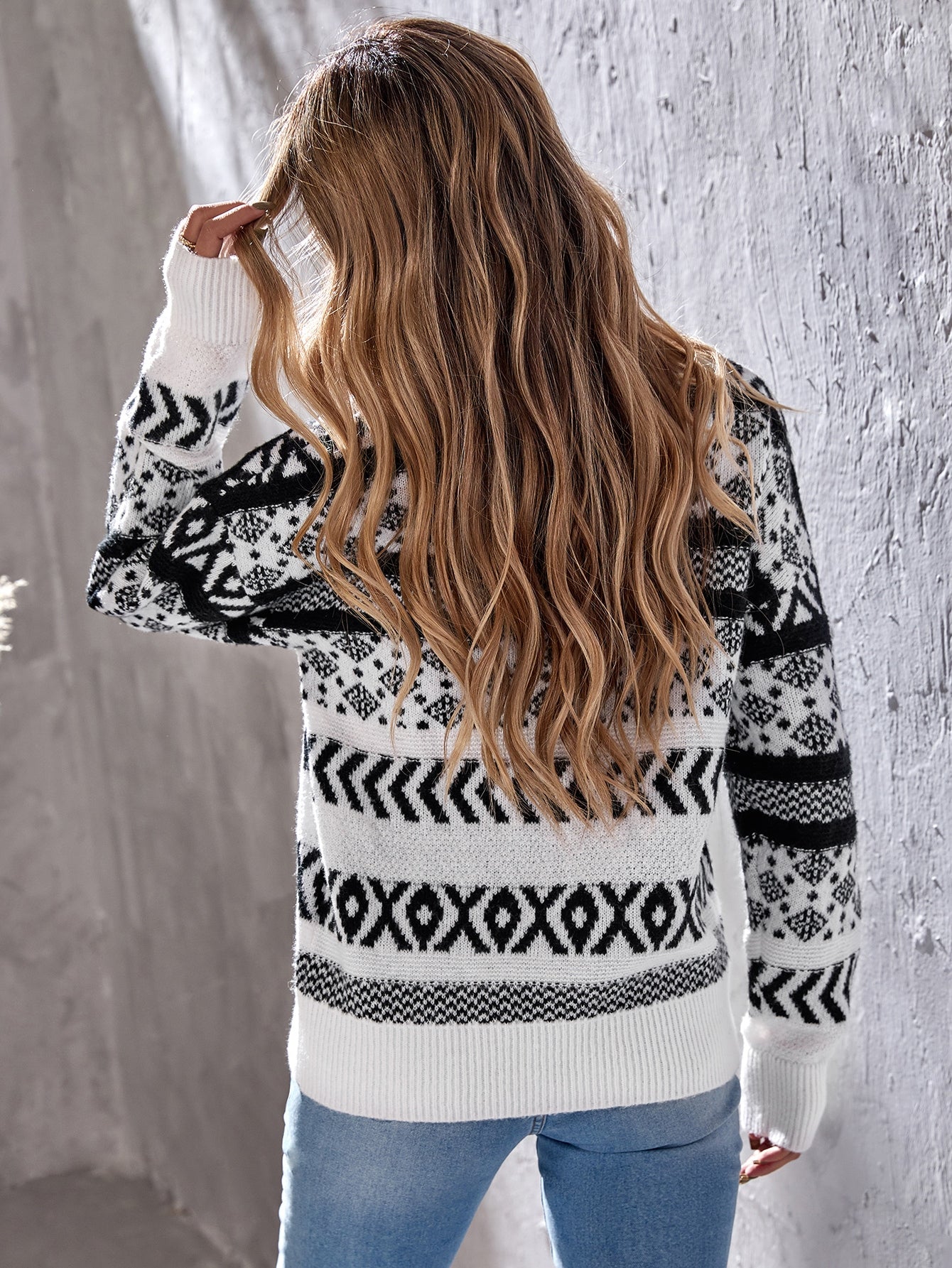 Geo & Chevron Pattern Drop Shoulder Sweater