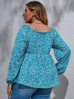 Plus Ditsy Floral Print Bishop Sleeve Peplum Blouse