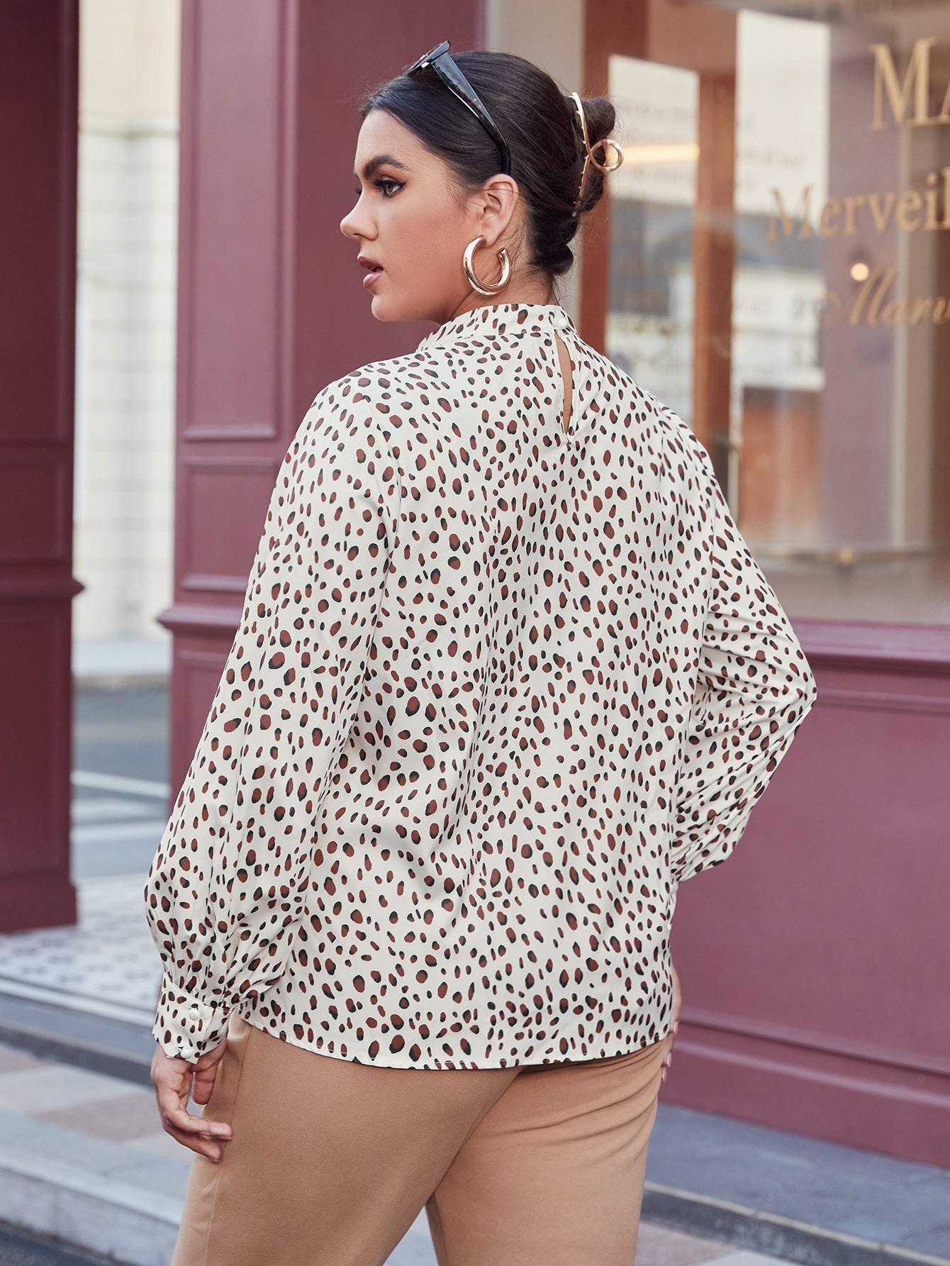 Plus Dalmatian Print Stand Neck Blouse