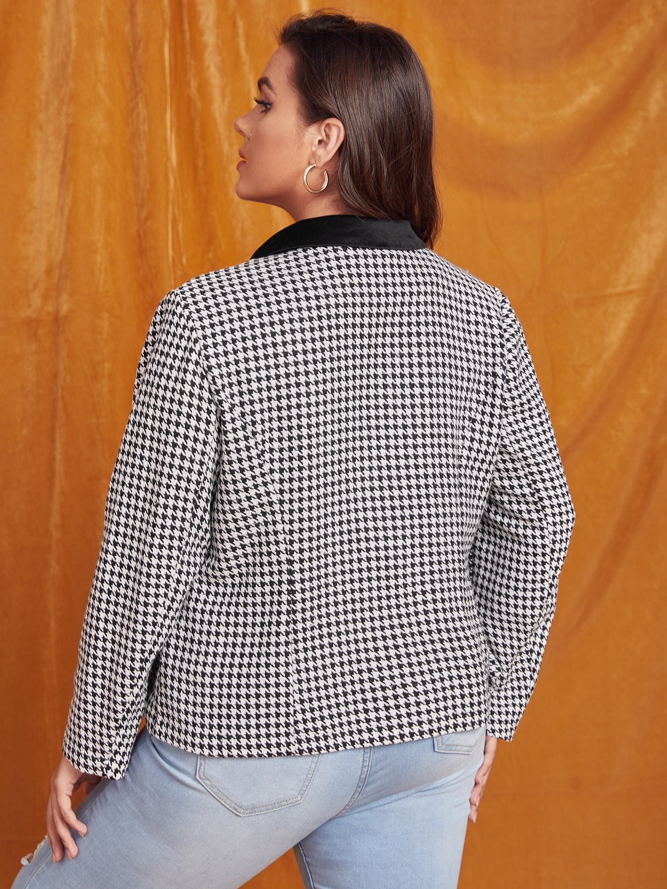 Plus Houndstooth Print Contrast Collar Tweed Overcoat