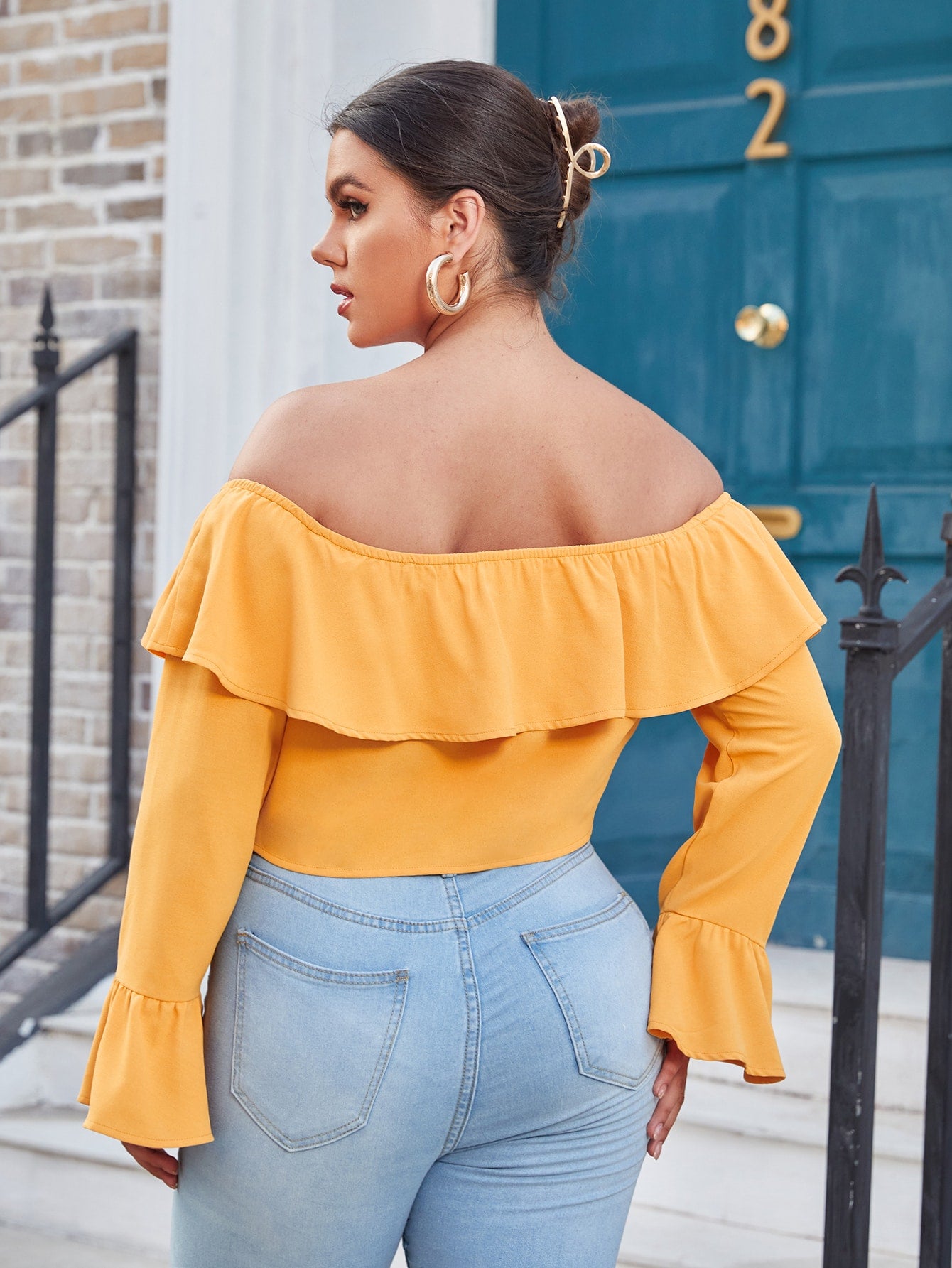 Plus Off Shoulder Ruffle Trim Crop Blouse