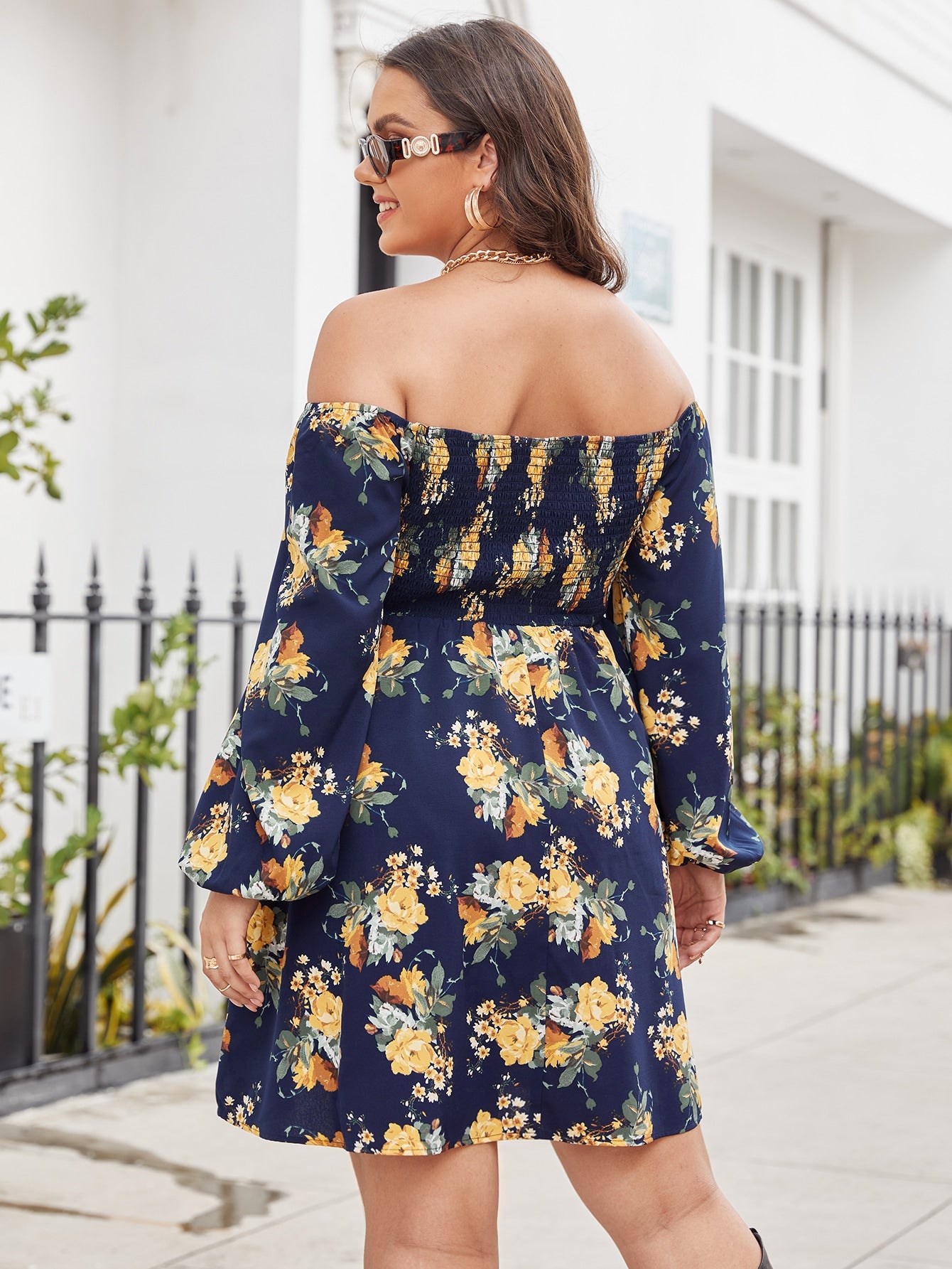 Plus Floral Print Off Shoulder Shirred Dress