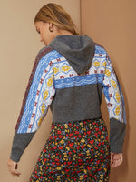 Geo Pattern Drop Shoulder Colorblock Hooded Sweater