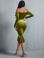 Off Shoulder Mermaid Hem Velvet Bodycon Dress