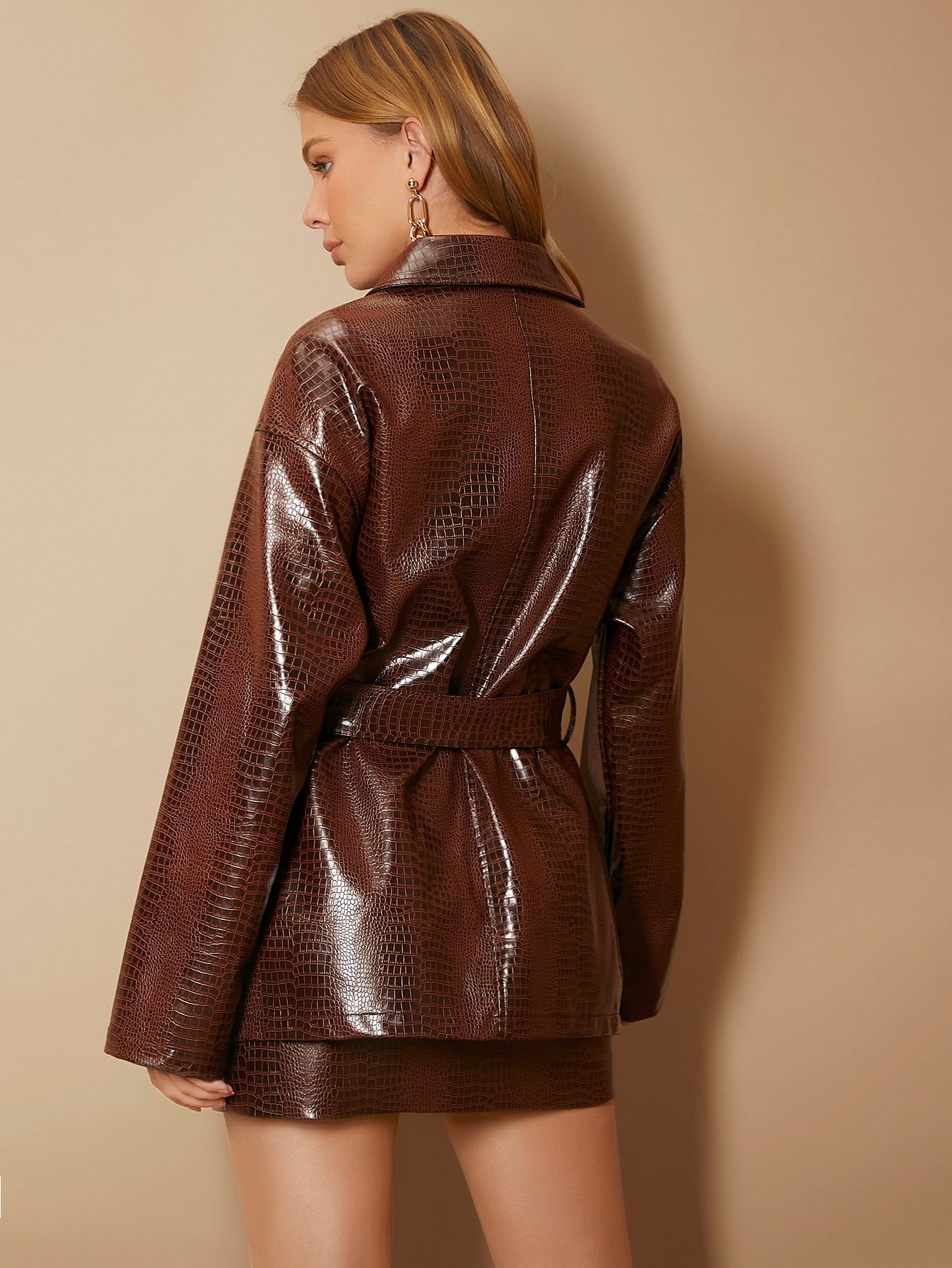 Drop Shoulder Flap Pocket Belted PU Leather Coat