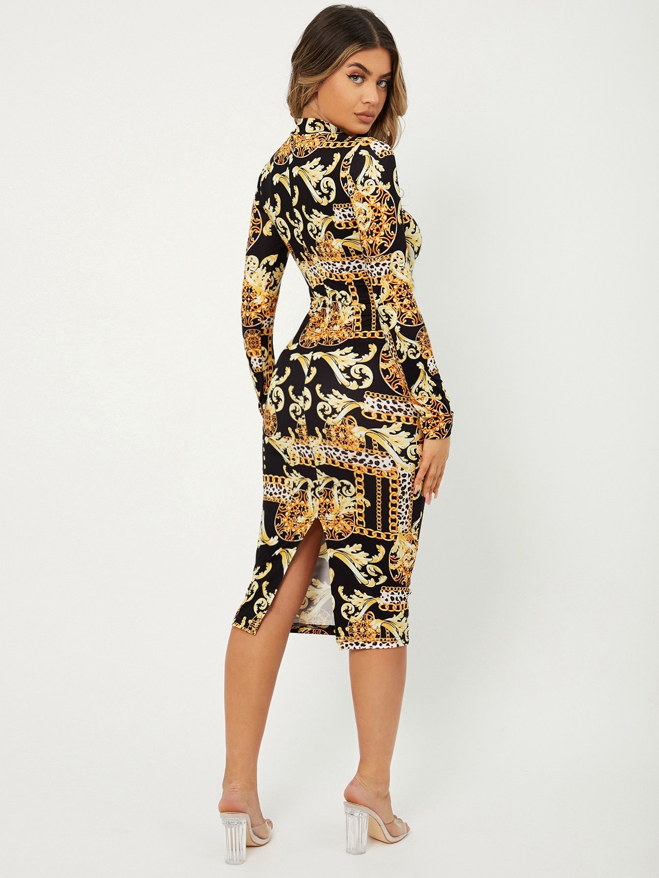 Baroque Print Slit Back Mock Neck Bodycon Dress