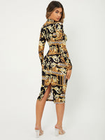 Baroque Print Slit Back Mock Neck Bodycon Dress