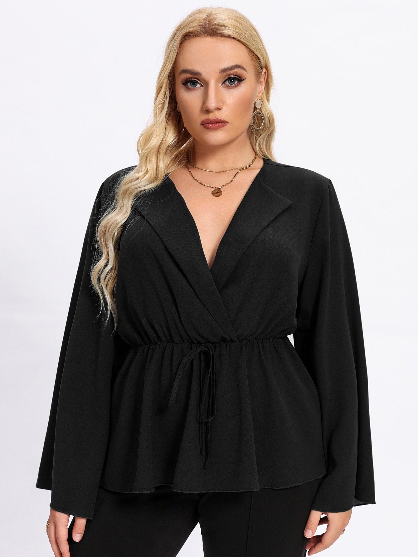 Plus Solid Wrap Smock Blouse