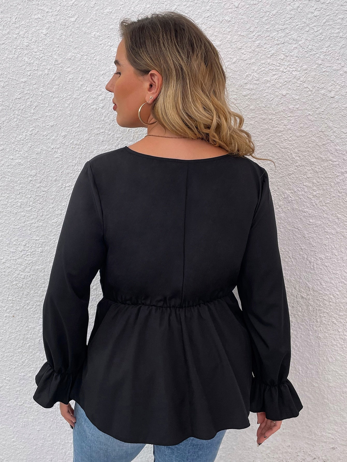 Plus Flounce Sleeve Peplum Hem Tie Front Blouse