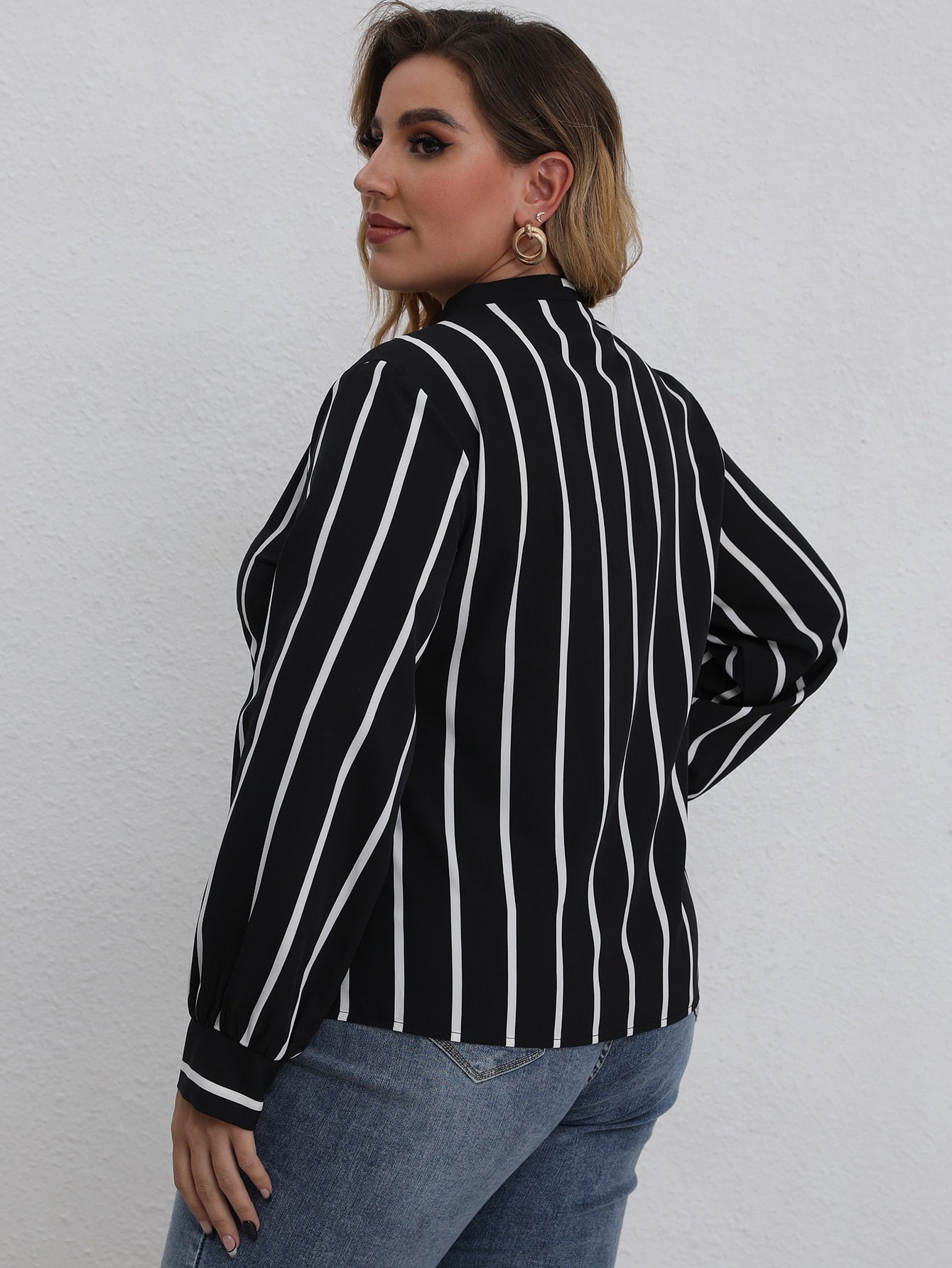 Plus Tie Neck Striped Blouse