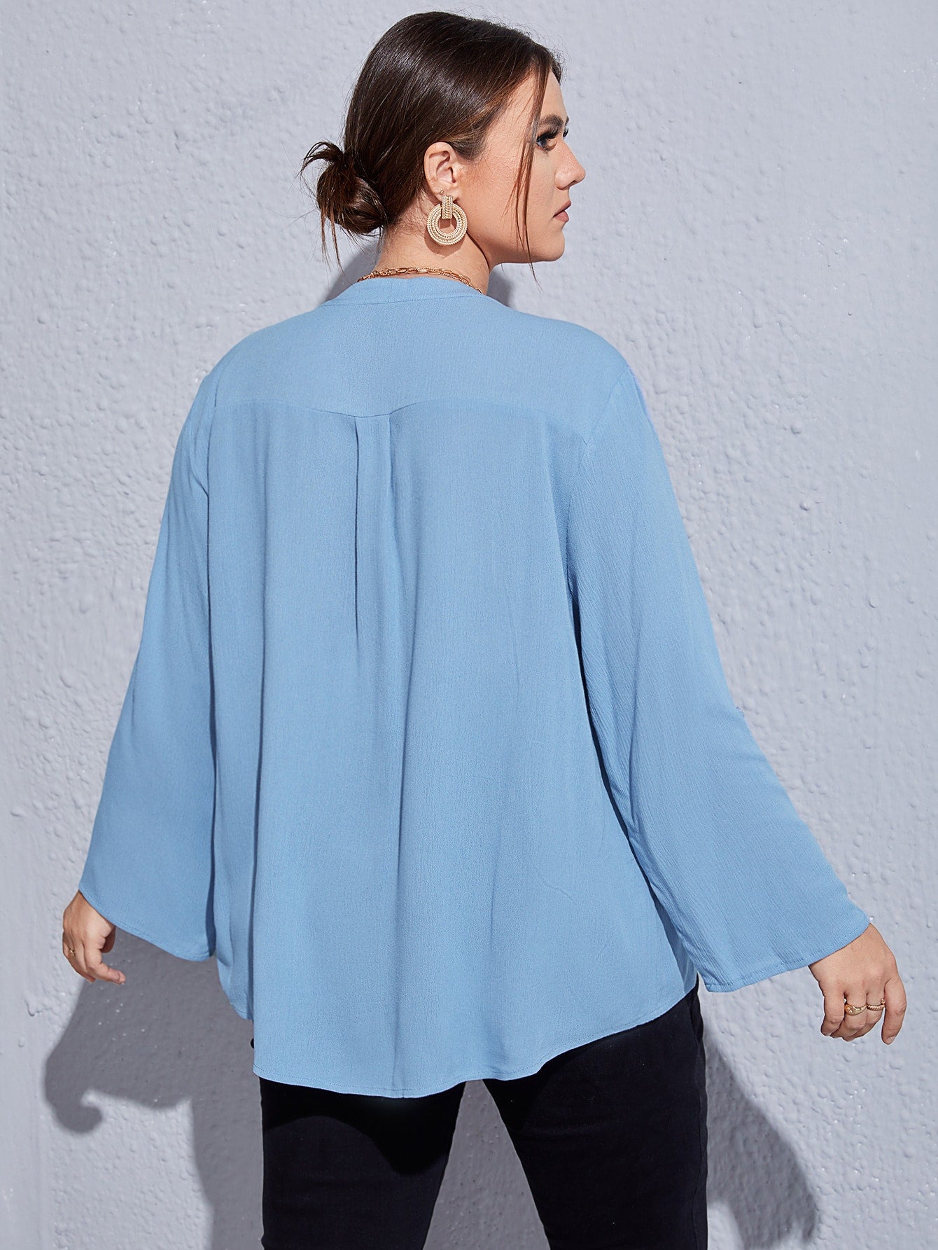 Plus Notched Neck Roll-up Sleeve Blouse