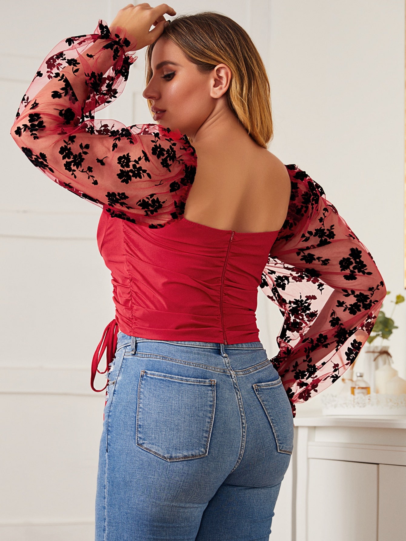 SBetro Plus Floral Mesh Panel Flounce Sleeve Drawstring Crop Blouse