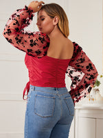 SBetro Plus Floral Mesh Panel Flounce Sleeve Drawstring Crop Blouse