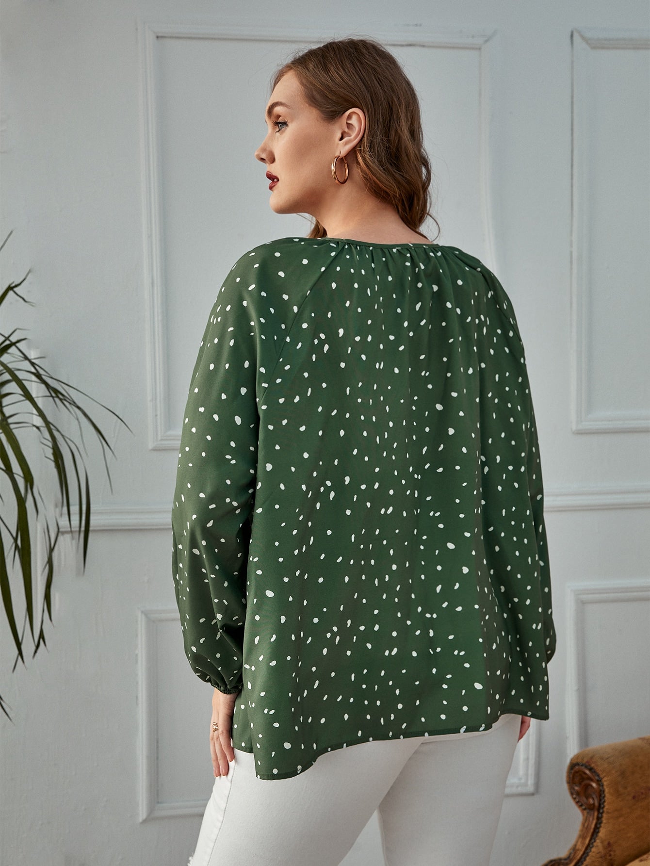 Plus Confetti Print Button Up Tie Front Blouse