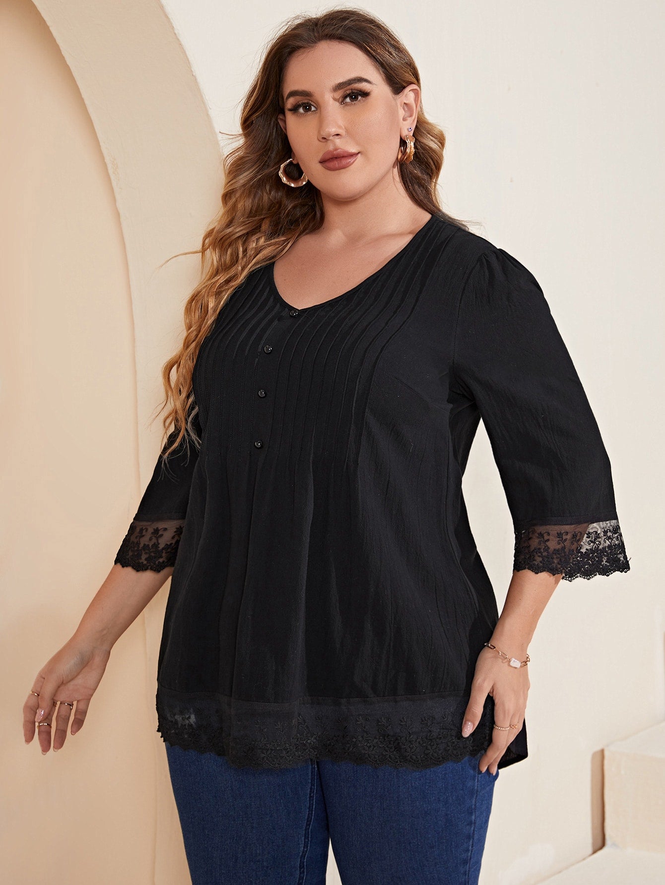 Plus Solid Lace Detail Button Front Blouse