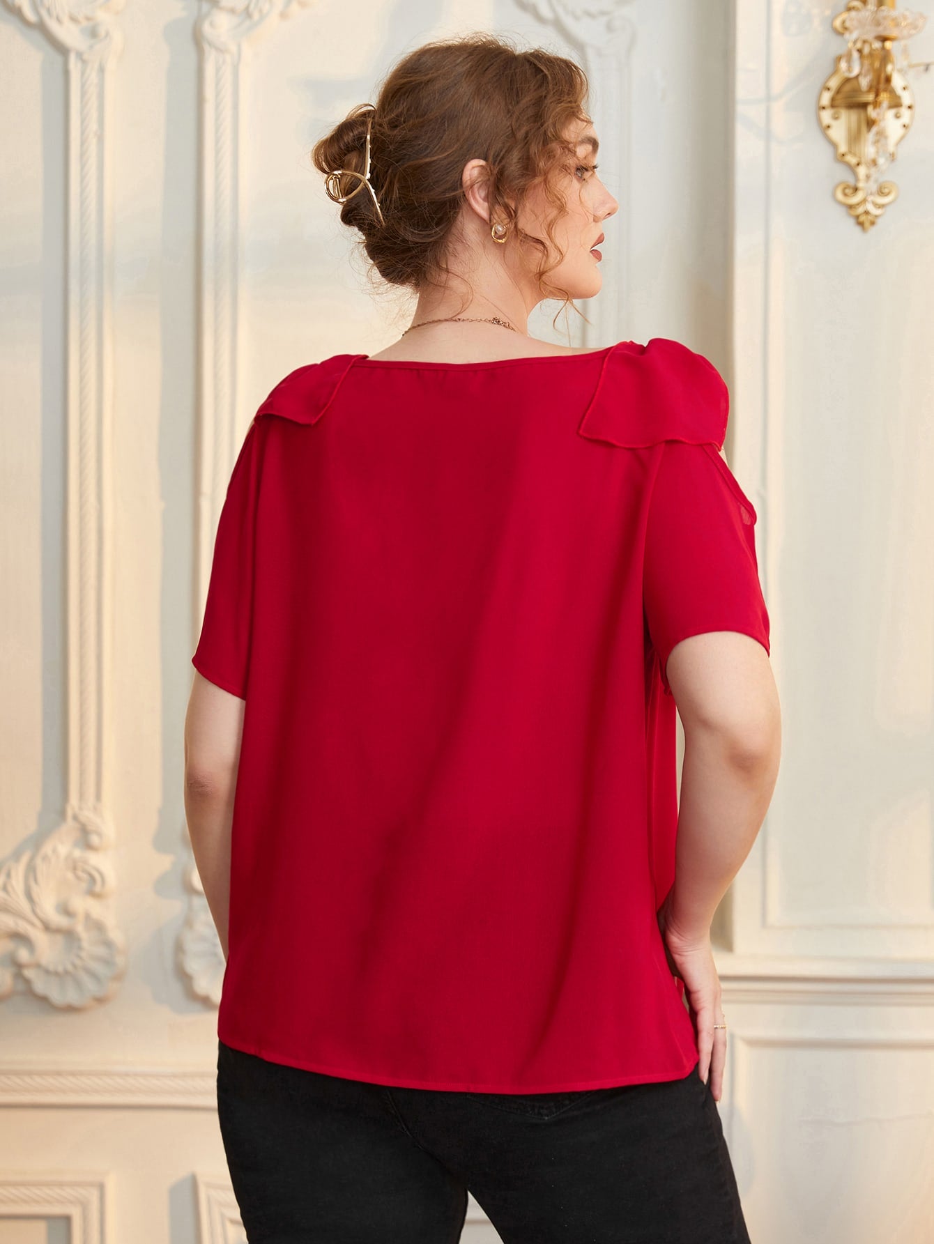 Plus Ruched Cold Shoulder Blouse