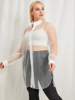 Plus Sheer Button Through Longline Blouse Without Bra