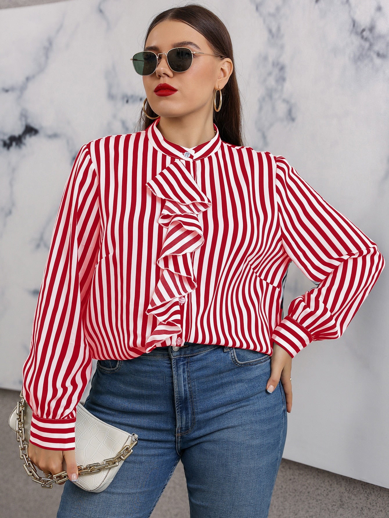 Plus Striped Print Ruffle Trim Draped Blouse