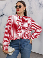 Plus Striped Print Ruffle Trim Draped Blouse