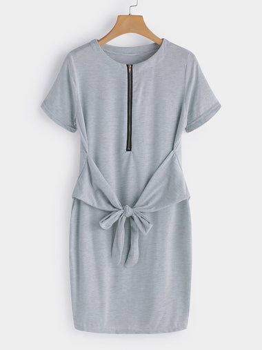 Wholesale Grey Round Neck Short Sleeve Plain Zip Back Self-Tie Mini Dress
