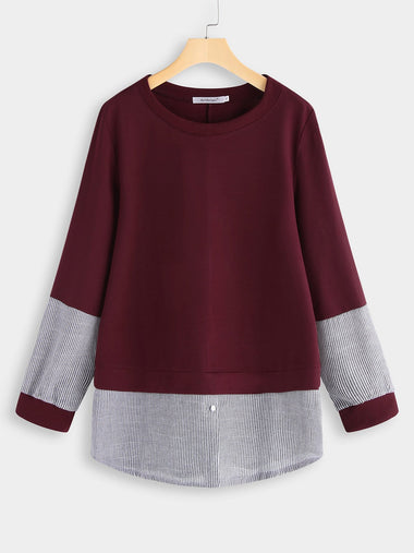Wholesale Round Neck Stripe Long Sleeve Burgundy Plus Size Tops