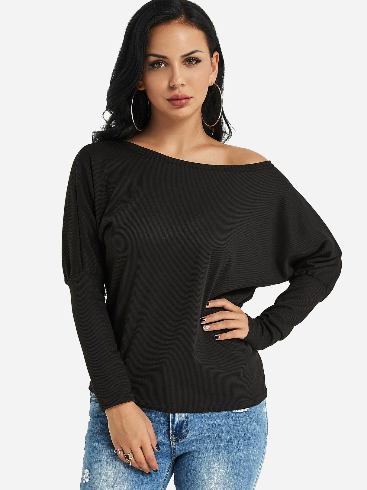 Wholesale One Shoulder Long Sleeve Black Top