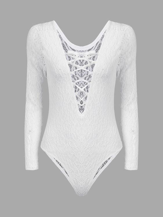 Wholesale White V-Neck Long Sleeve Lace One-Pieces Swimsuits
