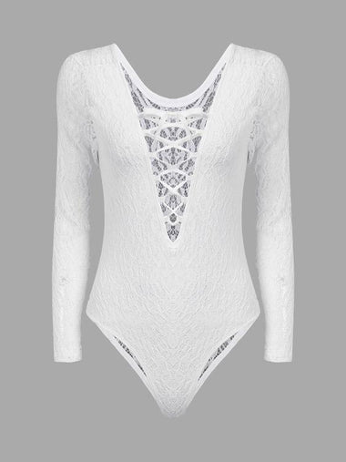 Wholesale White V-Neck Long Sleeve Lace One-Pieces Swimsuits