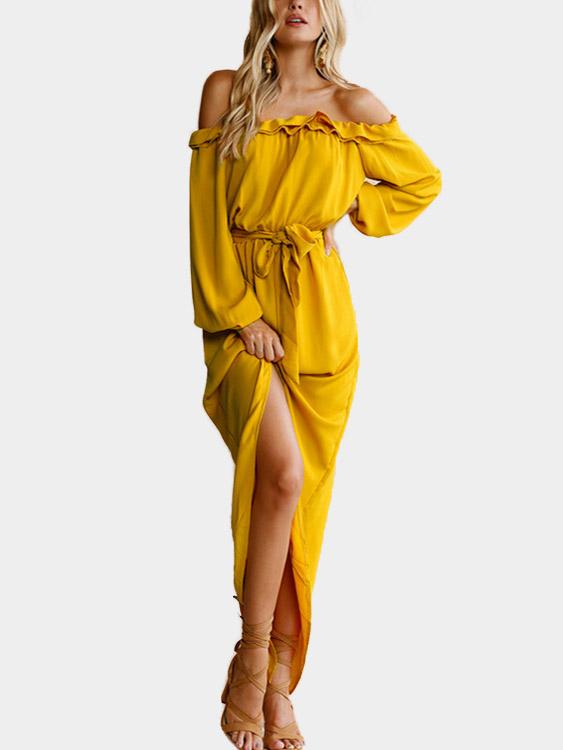Wholesale Yellow Off The Shoulder Long Sleeve Irregular Slit Hem Maxi Dresses
