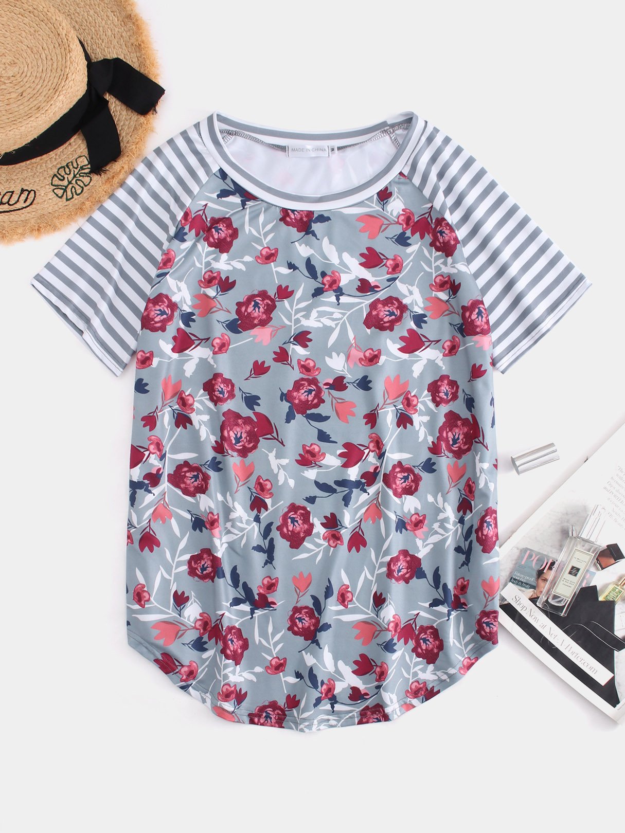 Wholesale Round Neck Stripe Floral Print Grey T-Shirts