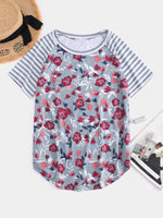 Wholesale Round Neck Stripe Floral Print Grey T-Shirts