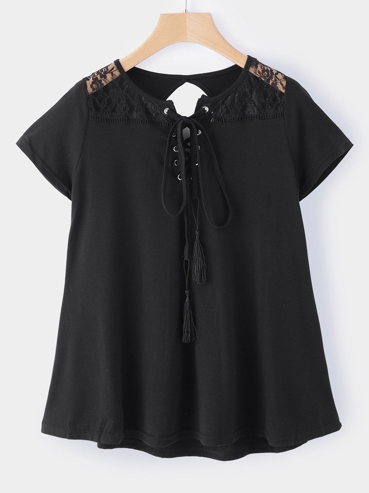Wholesale Round Neck Lace Lace-Up Cut Out Short Sleeve Black T-Shirts