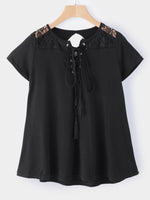 Wholesale Round Neck Lace Lace-Up Cut Out Short Sleeve Black T-Shirts