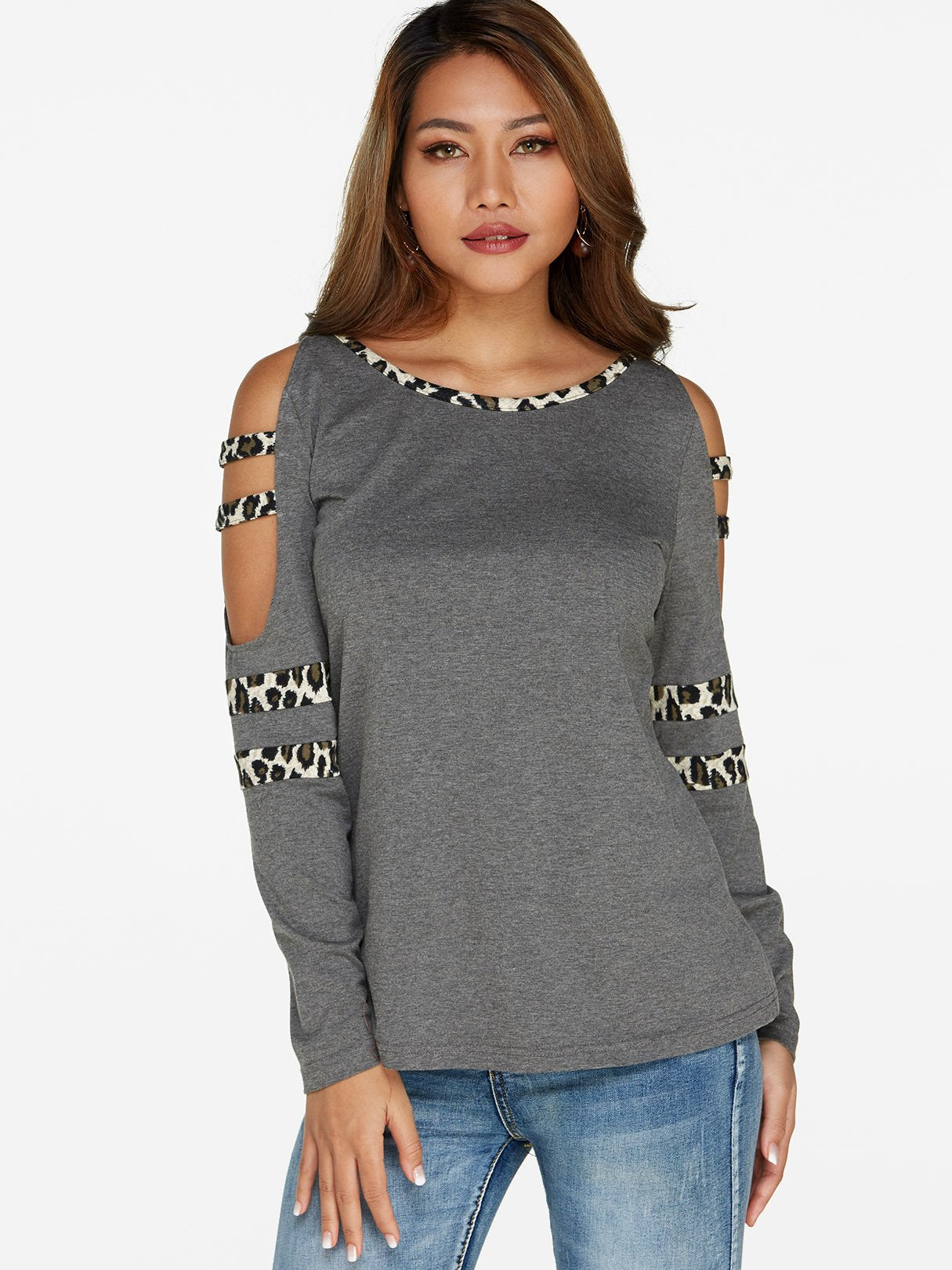 Wholesale Cold Shoulder Leopard Long Sleeve Grey T-Shirts