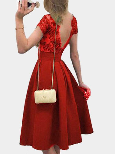 Wholesale Red Crew Neck Short Sleeve Lace Backless Dress