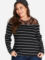 Wholesale Round Neck Stripe See Through Long Sleeve Plus Size Tops