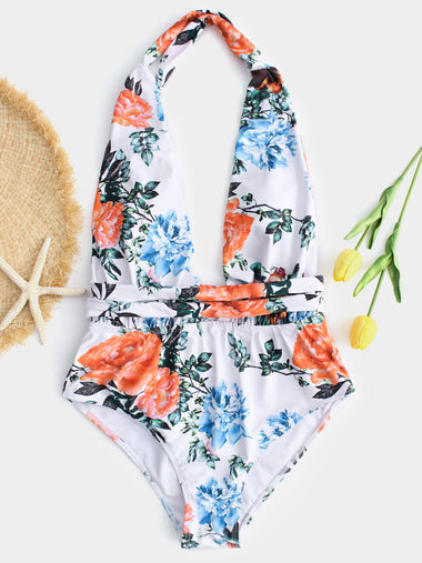Wholesale Deep V Neck Floral Print Backless Criss-Cross Sleeveless White Bikinis