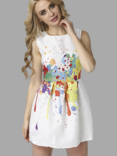 Wholesale Crew Neck Sleeveless Floral Print Zip Back Ruffle Hem Mini Dress