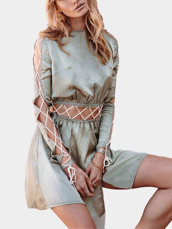 Wholesale Green Round Neck Long Sleeve Lace-Up Slit Hem Casual Dresses
