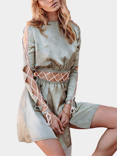 Wholesale Green Round Neck Long Sleeve Lace-Up Slit Hem Casual Dresses