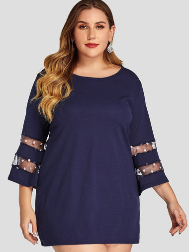 Wholesale Round Neck Long Sleeve Navy Plus Size Dress