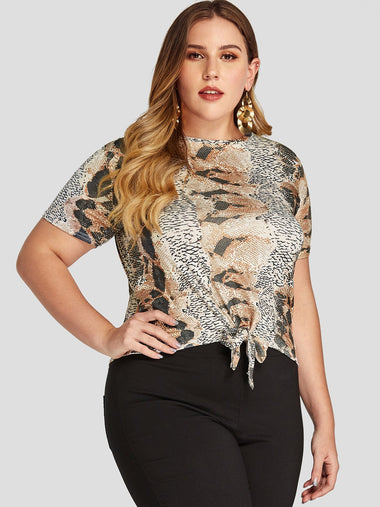 Wholesale Round Neck Snake Self-Tie Short Sleeve Plus Size Tops
