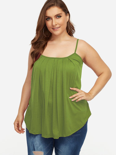 Wholesale Square Neck Plain Pleated Spaghetti Strap Sleeveless Curved Hem Green Plus Size Tops