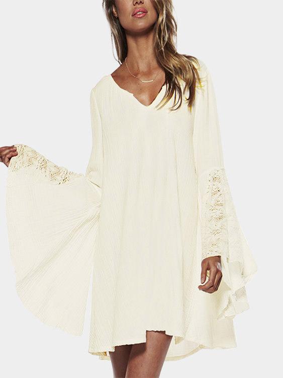 Wholesale V-Neck Lace Long Sleeve Irregular Hem Beige Dresses